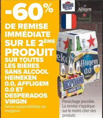 Carrefour Heineken / affligem / desperados bon plan sur toutes les bières sans alcool heineken 0.0, affligem 0.0 et desperados virgin offre