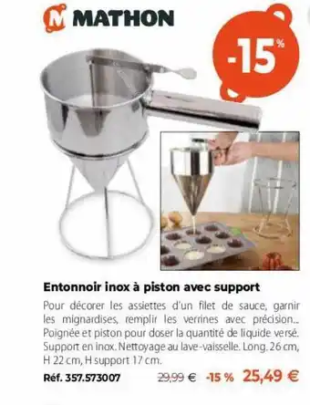 Mathon Entonnoir inox à piston avec support offre