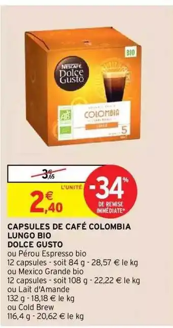Intermarché Hyper Capsules de café colombia lungo bio dolce gusto offre