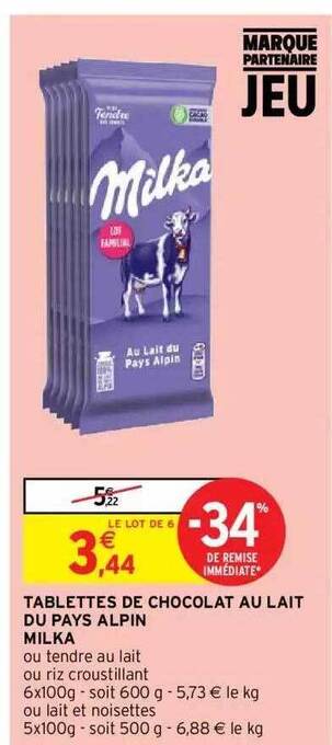 Intermarché Hyper Tablettes de chocolat au lait du pays alpin milka offre