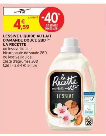 Intermarché Hyper Lessive liquide au lait d'amande douce 28d la recette offre