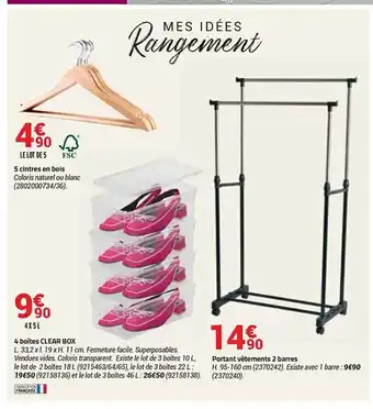 Bricorama 5 cintres en bois, 4 boîtes clear box, portant vêtements 2 barres offre