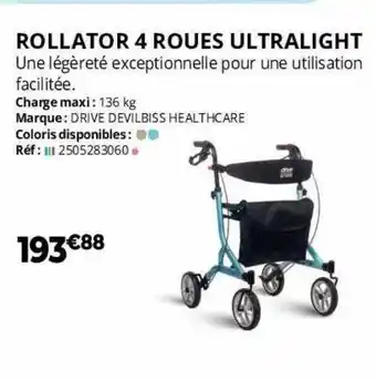 Distri Club Médical Rollator 4 roues ultralight drive devilbiss healthcare offre