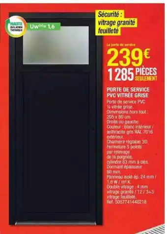 Brico Dépôt Porte de service pvc vitrée grise offre