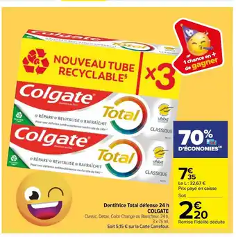 Carrefour Colgate Dentifrice Total Défense 24h offre