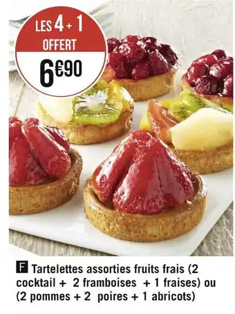 Géant Casino Tartelettes assorties fruits frais (2 cocktail + 2 framboises + 1 fraises) ou (2 pommes + 2 poires + 1 abricots) offre