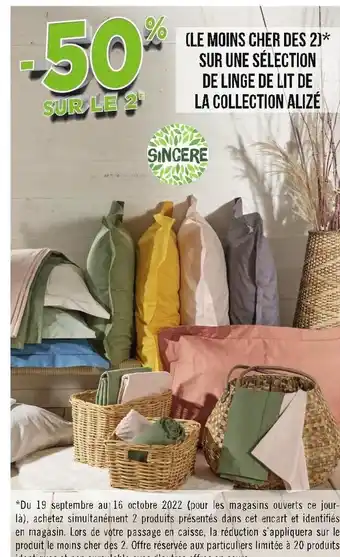 Géant Casino Sincere bon plan sur une sélection de linge de lit de la collection alizé offre
