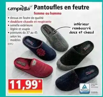 Norma Pantoufles en feutre femme ou homme camprella offre