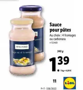 Lidl Sauce pour pâtes italiamo offre