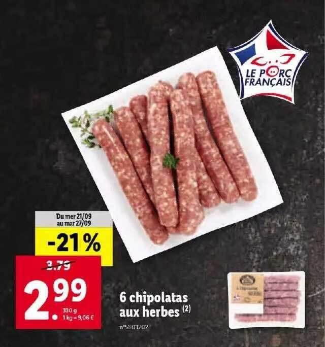 Promo 6 chipolatas aux herbes chez Lidl
