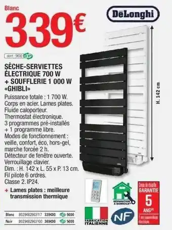 Brico Dépôt Sèche-serviettes électrique 700 w + soufflerie 1000 w «ghibli» dëlonghi offre