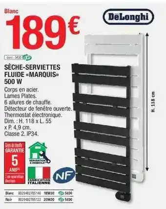 Brico Dépôt Sèche-serviettes fluide «marquis» 500 w dëlonghi offre