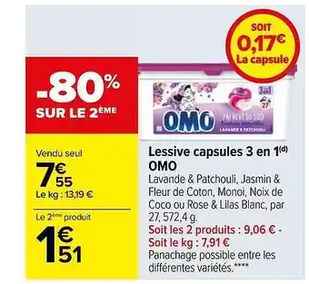 Carrefour Lessive capsules 3 en 1 omo offre