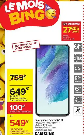 Carrefour Smartphone galaxy s21 fe samsung offre