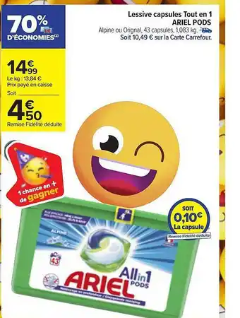 Carrefour Market Lessive capsules tout en 1 ariel pods offre