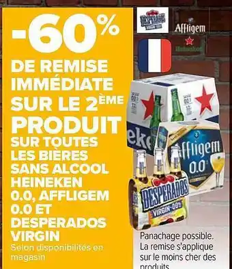 Carrefour Bières sans alcool heineken 0.0, affligem 0.0 et desperados virgin offre