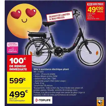 Carrefour Vélo à assistance électrique pliant toplife offre