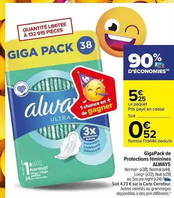 Carrefour Gigapack de protections féminines always offre