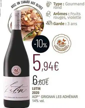 La Vignery Lutin 2020 aop grignan les adhémar 14% vol. offre