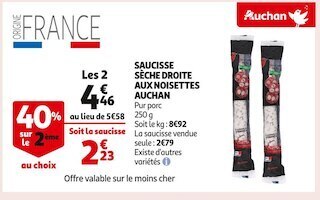 Auchan Auchan saucisse sèche droite aux noisettes offre