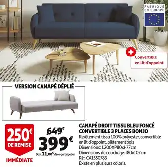 Auchan Canapé droit tissu bleu foncé convertible 3 places bonjo offre