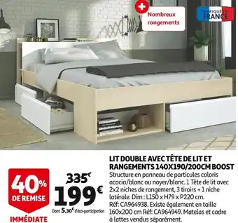 Auchan Boost lit double avec tête de lit et rangements 140x190/200cm boost offre