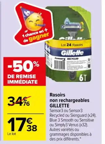 Carrefour Market Gillette Rasoirs Non Rechargeables offre