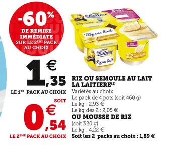 U Express La laitiere riz ou semoule au lait offre