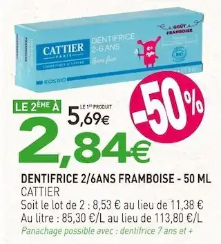 naturéO Cattier dentifrice 2/6 ans framboise offre