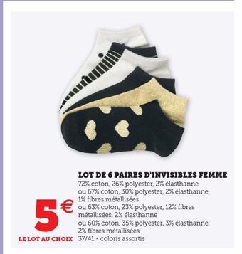 Hyper U Lot de 6 paires d'invisibles femme offre