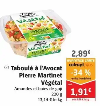 Colruyt Taboulé à l'avocat pierre martinet végétal offre