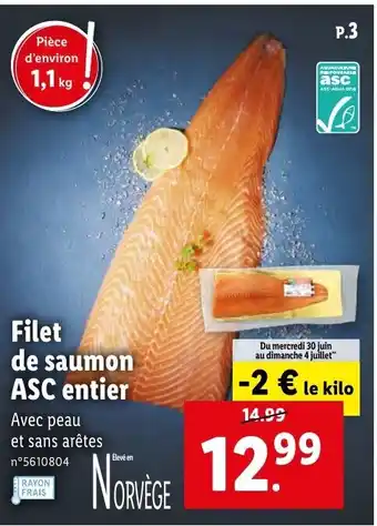 Lidl Filet de saumon ASC entier offre