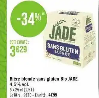 Géant Casino Bière blonde sans gluten bio jade 4,5% vol. offre