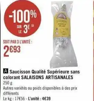 Saucisson qualité supérieure sans colorant salaisons artisanales