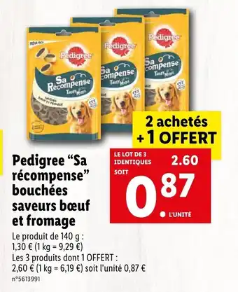 Lidl Pedigree "Sa Récompense Bouchées saveurs Bœuf et fromage offre