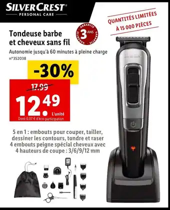Lidl Tondeuse barbe et cheveux sans fil offre
