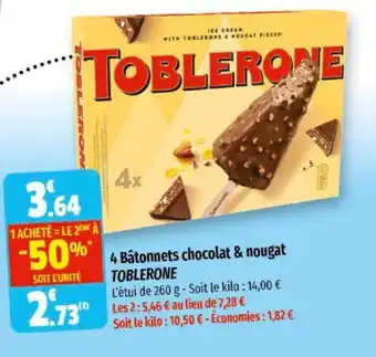 Coccinelle Supermarché 4 bâtonnets chocolat & nougat TOBLERONE offre