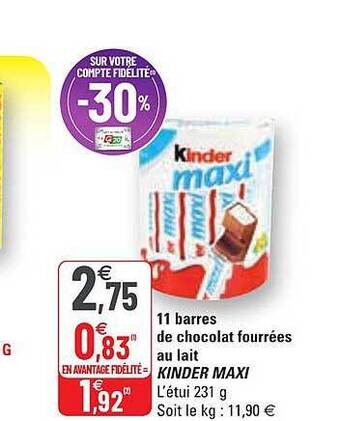 G20 11 barres de chocolat fourrées au lait kinder maxi offre