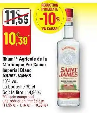 G20 Rhum agricole de la martinique pur canne impérial blanc saint james offre