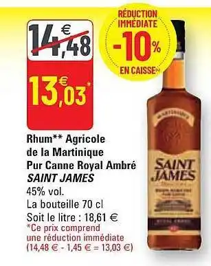 Rhum agricole de la martinique pur canne royal ambré saint james
