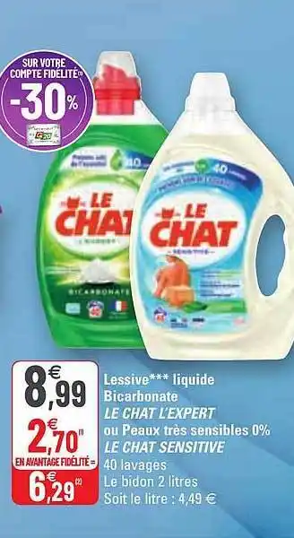 G20 Lessive liquide bicarbonate le chat l'expert ou peaux très sensibles 0% le chat sensitive offre