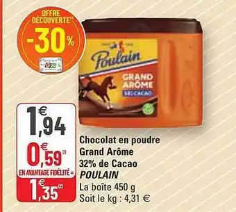 G20 Chocolat en poudre grand arôme 32% de cacao poulain offre