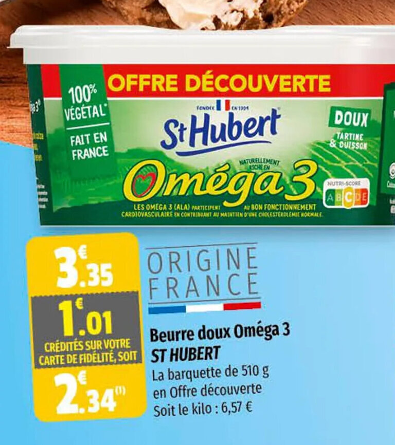 Promo Beurre doux oméga 3 ST HUBERT chez Coccimarket