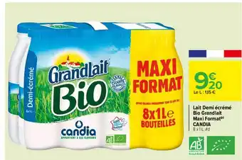 Carrefour Lait Demi écrémé Bio Grandlait Maxi Format Candia offre