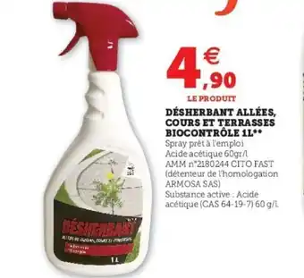 Super U Désherbant Allées Cours Et Terrasses Biocontrôle 1L offre