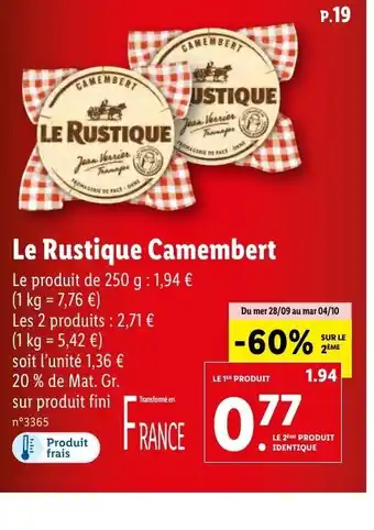 Lidl Le Rustique Camembert offre