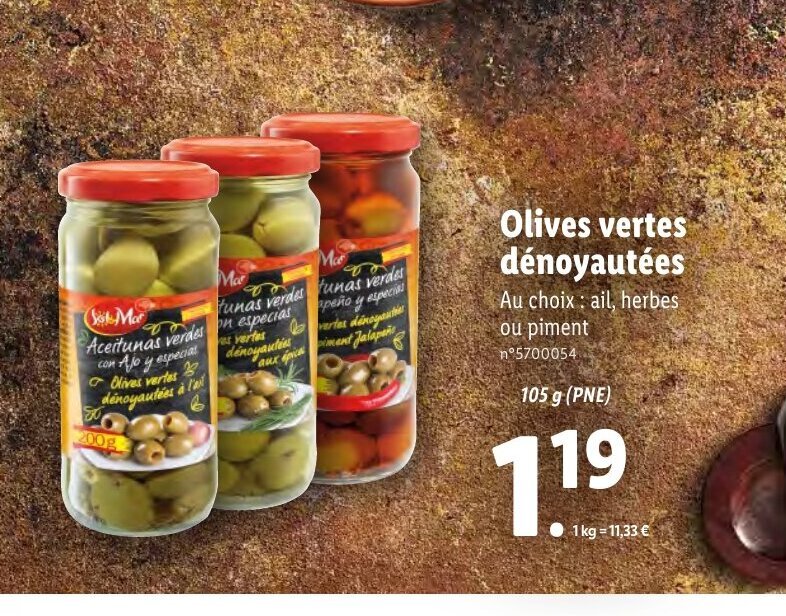 Promo Olives Vertes Dénoyautées chez Lidl