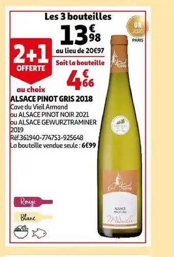 Auchan Alsace pinot gris 2018 cave du vieil armand ou alsace pinot noir 2021 ou alsace gewurztraminer 2019 offre