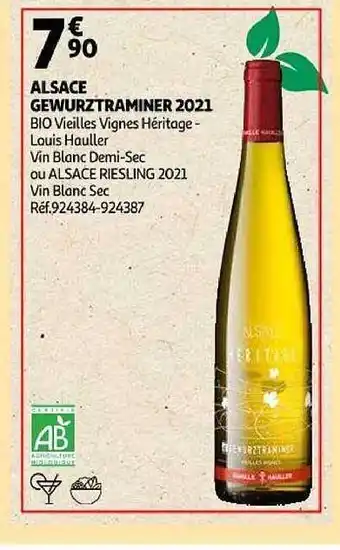 Auchan Alsace gewurztraminer 2021 bio vieilles vignes héritage-louis hauller vin blanc demi-sec ou alsace riesling 2021 vin blanc se offre