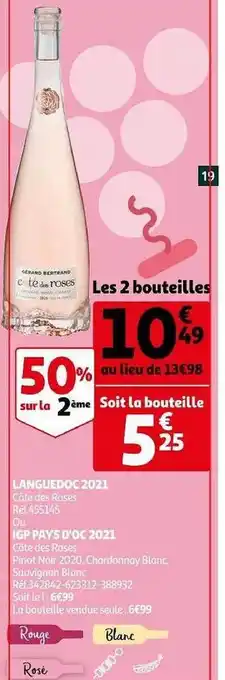 Auchan Languedoc 2021 côte des roses ou igp pays d'oc 2021 côte des roses pinot noir 2020 chardonnay blanc, sauvignon blanc offre